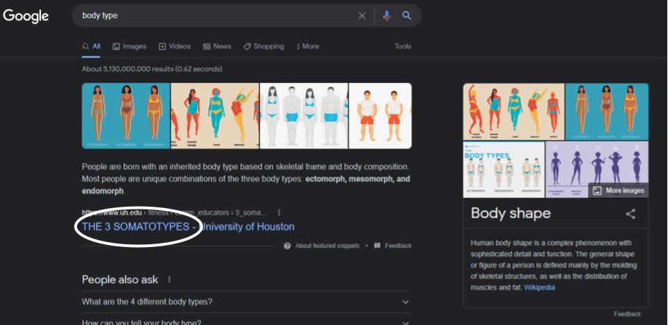 A screenshot of a Google search using the words 'body type.' The first result, titled, 'The 3 Somatotypes' is circled.